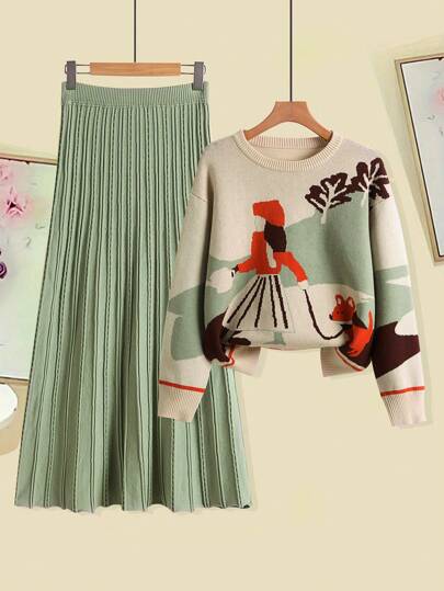 Franclia 2 Peças/Conjunto Mulheres Elegante Casaco Solto de Tricô Contrastante e Conjunto de Saia, Outono