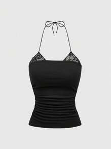 ROMWE Fairycore Women's Y2K Retro All-Match Versatile Lace Patchwork Spaghetti Strap Plus Size Cami Top Set, For Summer