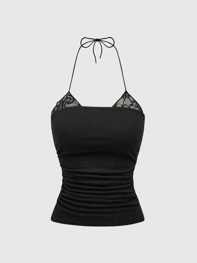 Fairycore Camiseta sin mangas con cuello simulado, plisada y con borde de encaje básica para mujer