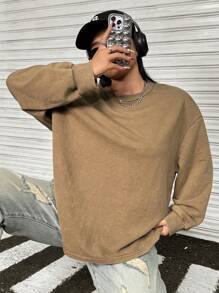 SHEIN EZwear 大码休闲纯色圆领运动衫，秋季 - 棕色 - 查看 3
