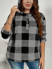 SHEIN Essnce Sudadera holgada casual con capucha a cuadros para mujer de talla grande