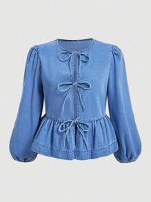 SHEIN MOD Plus Size Denim Blouse With Ruffled Puff Sleeves In Blue