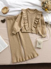 SHEIN Vintaside Kids 2 件套年轻女孩秋冬针织毛衣套头衫和弹力喇叭裤，花卉荷叶边白色百搭返校时尚休闲巴洛克风格标志性服装，适合居家、旅行、聚会、购物 - 卡其色 - 查看 1