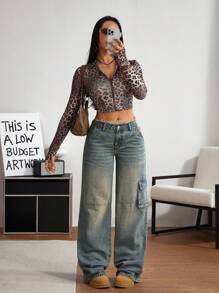 SHEIN Tall 女式休闲水洗宽松喇叭形磨边牛仔裤，秋季 - 藍色 - 查看 5