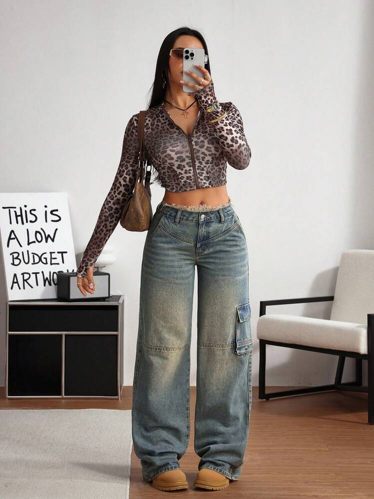 SHEIN Tall Quần Jeans Nữ Ống Rộng Xòe Viền Rách Thường Ngày, Mùa Thu - Màu xanh lam - Xem 5