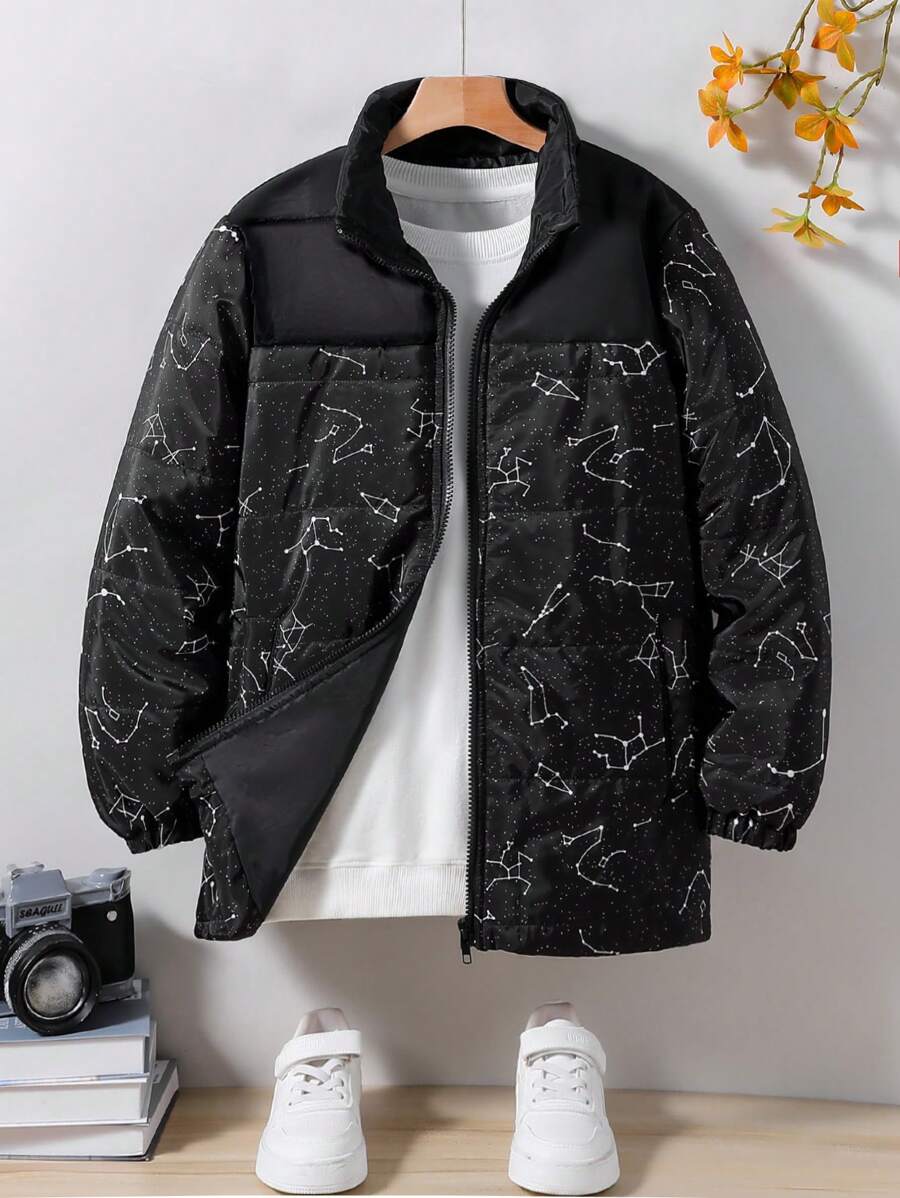 SHEIN Boys' Print Zip Pocket Padded Padded Coat - Black - View 1