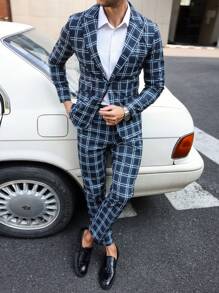 Manfinity Homme 2 件套男士休闲格子立领单排扣西装外套和裤子套装 - 彩色 - 查看 5