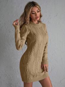 SHEIN Clasi 女士仿珍珠装饰圆领长袖休闲短款毛衣连衣裙 - 卡其色 - 查看 4