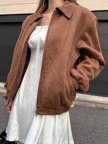 DAZY Áo khoác da PU trơn màu có khóa kéo túi trước cho nữ, Quần áo mùa thu cho nữ - Rỉ Nâu - Xem 5