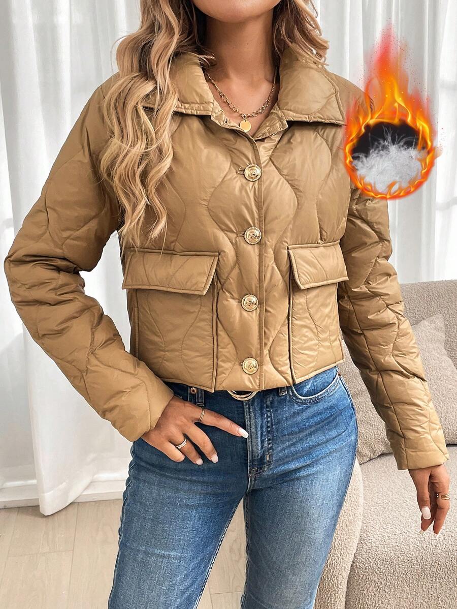 SHEIN LUNE 轻便保暖冬季短款棕色绗缝羽绒服，女款，带口袋