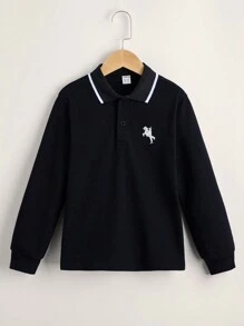 SHEIN Leap Crew Tween Boy Horse Embroidery Contrast Trim Polo Shirt - Black - View 1