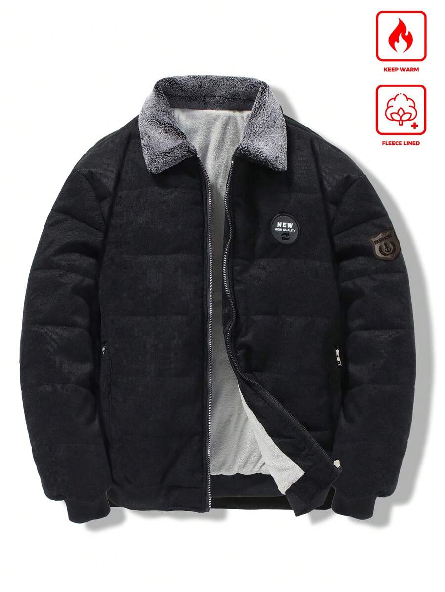 Manfinity Homme Men Fluffy Collar Front Zipper Pocket Long Sleeve Jacket, Winter Clothes - Black - View 1