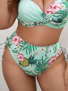 SHEIN Swim Curve Summer Beach Plus Tropical Print Drawstring Bikini Bottom - Mint Green - View 4