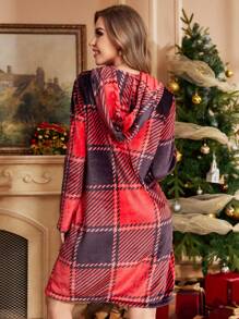 Váy ngủ trùm đầu bằng vải nỉ kẻ caro thêu hoa văn cho nữ, Giáng sinh - Đỏ - Xem 2