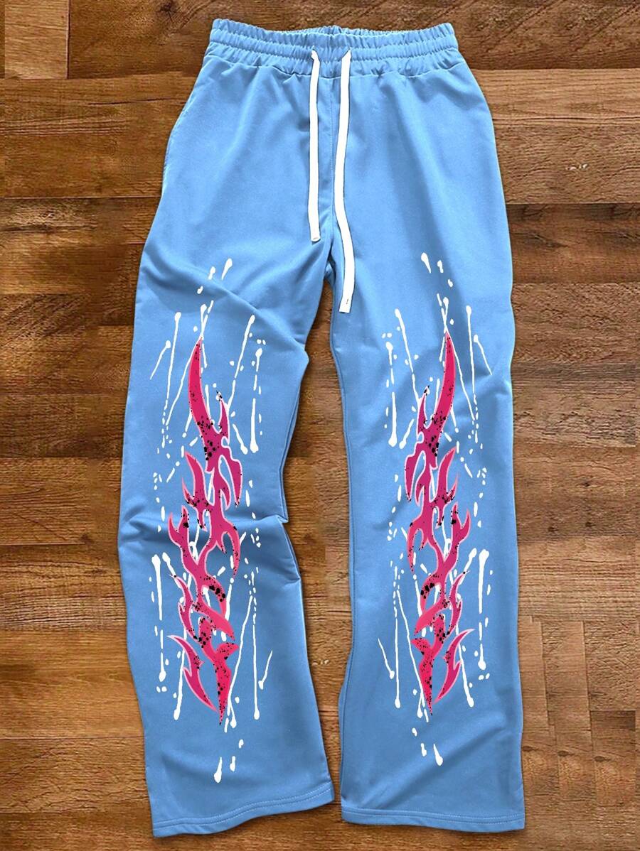 Manfinity Roghcode Men's Flame Print Drawstring Waist Loose Casual Sweatpants - Blue - View 1