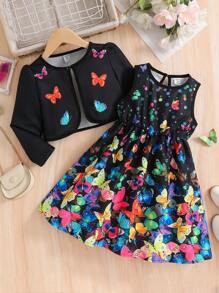 2pcs/Set Young Girl Cute Butterfly Print Long Sleeve Jacket & Sleeveless Dress Set, Fit For Spring Autumn - Black - View 1