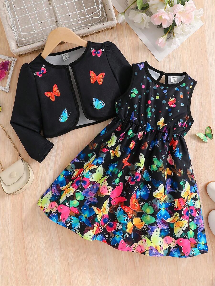 2pcs/Set Young Girl Cute Butterfly Print Long Sleeve Jacket & Sleeveless Dress Set, Fit For Spring Autumn - Black - View 1