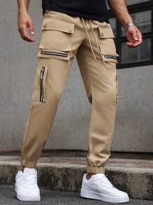 Manfinity LEGND Pantalones cargo casuales para hombre con diseño de cremallera, múltiples bolsillos y bajo con puño, pantalones cargo, ropa de hombre para otoño - Caqui - Ver 3