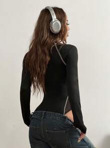 Coolane Women's Spring/Summer Y2K Cargo Basic Knit & Mesh Zip Up Black Slim Fit Bodysuit - Black - View 2