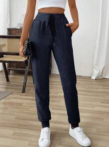 Chiquease 女士纯色扭结口袋休闲抽绳运动裤 - 寶藍色 - 查看 4