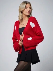 Muchica Women's Valentine's Day Red Heart Pattern Loose Lantern Sleeve Cardigan Jacket, Autumn Winter
