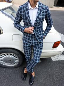 Manfinity Homme 2 件套男士休闲格子立领单排扣西装外套和裤子套装 - 彩色 - 查看 2