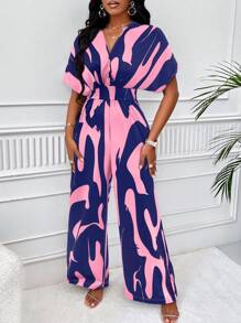 VaVaBold Fashionable Colorblock Print Butterfly Sleeve Jumpsuit - Blue - View 4