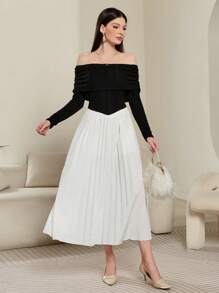 Modelyn Women's Long Knitted Pleated Off-Shoulder Waist Gathers Dress, Elegant And Feminine Long Evening Dresses - Black and White - View 8