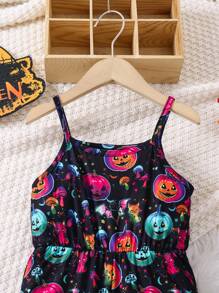 Girl's All-In-One Jumpsuit With Glow-In-The-Dark Pumpkin Print, Suitable For Halloween Party, Fashionable And Casual, Spring/Fall/Winter - Multicolor - View 5