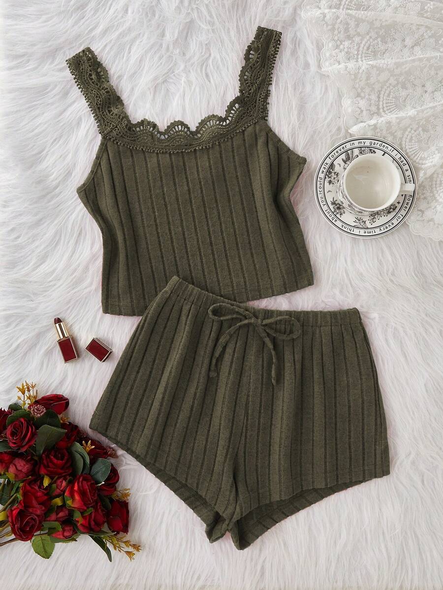 Bộ đồ ngủ dệt kim ren đơn giản dành cho nữ - Màu xanh lá cây đậm - Xem 1