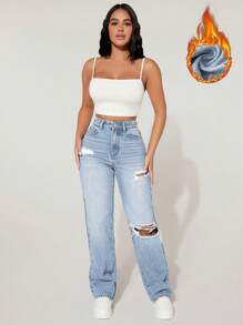 SHEIN EZwear 拉绒面料保暖高腰破洞直筒蓝色牛仔裤感恩节装扮圣诞装扮女士加厚牛仔布 - 淺藍色 - 查看 3