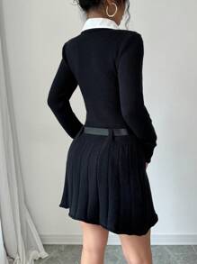 SHEIN Unity Women's Colorblock Collared Pleated Elegant Long Sleeve Sweater Dress Fall Cloth For Women - Black - View 2