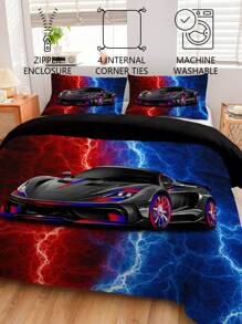 3pcs Racing Car Design Bedding Set, Comfortable Bed Linen, 1 Duvet Cover + 2 Pillowcases, Made Of Skin-Friendly 100% Polyester Fiber & Polyester Fabric, No Filling, Suitable For All Seasons, Bedroom And Dorm Use, Travel - Multicolor - View 4