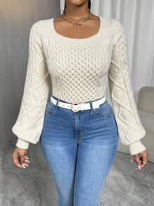 Zolique Casual Solid Color Lantern Sleeve Sweater, Autumn/Winter Knit Pullover Fall - Apricot - View 1