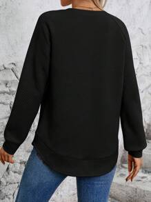 SHEIN LUNE Autumn Casual Raglan Sleeve Button Design Curved Hem Sweatshirt - Black - View 2