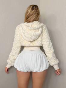 Sweetina Women's Long Sleeve Heart Pattern Fluffy Hooded Coat With Waist Cinched, Winter - Apricot - View 2