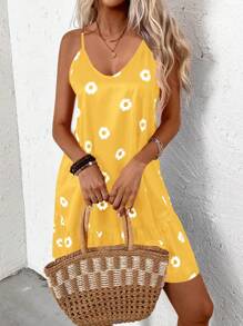 EMERY ROSE Women Daisy Flower Print Ruffle Hem Casual Cami Dress - Yellow - View 6