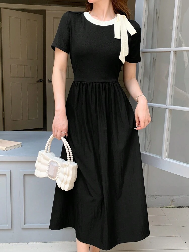 Women's Casual Elegant Colorblock Bow Decor Summer Dress