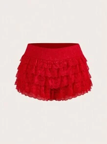 SHEIN ICON Plus Size Summer Fashionable Solid Color Multi-Layer Lace Ruffle Hem Shorts - Red - View 1