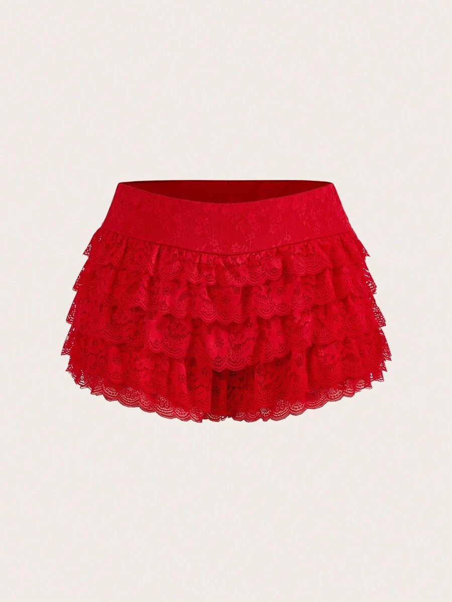 SHEIN ICON Plus Size Summer Fashionable Solid Color Multi-Layer Lace Ruffle Hem Shorts - Red - View 1