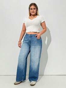 EURMUSE Plus High Waist Wash Detailed Straight Jean - Medium Wash - View 6