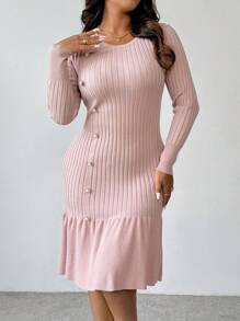 Franclia Plus Size Women Elegant Solid Colored Button Decor Ruffle Hem Bodycon Ribbed Knit Sweater Dress, For Winter