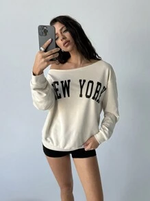Aloruh Women's Fall Top Fashion Commuting Casual Loose Daily Sports Street Asymmetric Collar Drop Shoulder Loose Letter Print Long Sleeve Knitted Sweatshirt Apricot Sweatshirt Thin Sweatshirt Top, Spring And Autumn