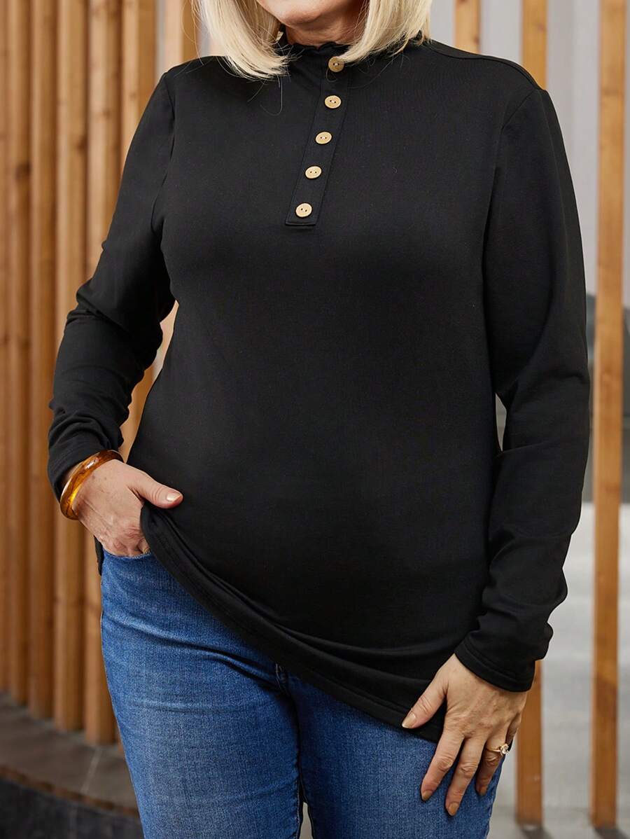 EMERY ROSE Plus Size Women's Spring Autumn Button Front Casual Loose Long Sleeve T-Shirt - Black - View 1