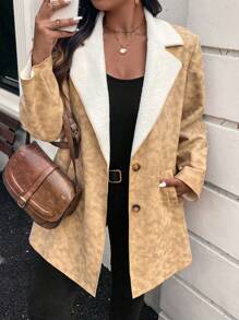 SHEIN LUNE Plus Size Batik Print Lined Turndown Collar Jacket, Autumn/Winter Winter Burnt Orange Clothes, Brown Leather Jacket, Old Money