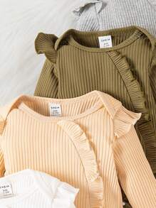 SHEIN 5pcs/Set Newborn Baby Girls Ruffled Sleeve Bodysuit Outfit, Comfortable & Warm For Autumn/Winter - Multicolor - View 3