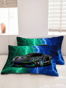 3 件赛车床上用品套装，舒适床单 - 1 件羽绒被套和 2 件枕套，采用亲肤 100% 涤纶纤维制成，涤纶面料，无填充物，适合所有季节，卧室或宿舍，旅行的理想选择 - 彩色 - 查看 4