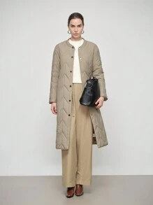 Aalyst 女士纯色长袖圆领系带长款休闲加厚棉服外套，冬季衣服 - 軍綠色 - 查看 1