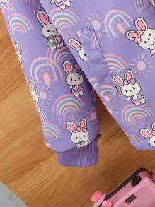 SHEIN Young Girls Rabbit Pattern Hooded Thermal Lined Jacket, Children Casual Cardigan For Back To School, Fall/Winter - Purple - View 3