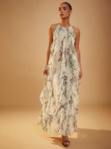 Hauture Women's Snake Print Layered Ruffle Hem Maxi Halter Neck Dress - Apricot - View 5